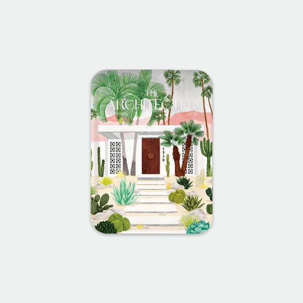Rectangular breakfast tray with illustration of a mid-century modern house surrounded by palm trees and desert plants, The Architecter by All the Ways to Say