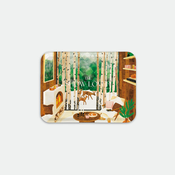 Rectangular breakfast tray featuring a cozy winter cabin interior with fireplace, snowy forest view and rustic details, The Snow Lover by All the Ways to Say