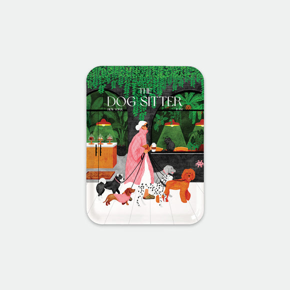 Rectangular breakfast tray with illustration of a dog sitter walking several breeds in a lush green urban setting, The Dog Sitter by All the Ways to Say