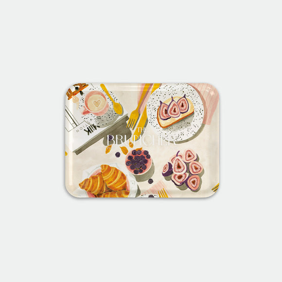 Rectangular breakfast tray with illustration of a brunch scene featuring croissants, figs, berries and a latte, The Bruncher by All the Ways to Say