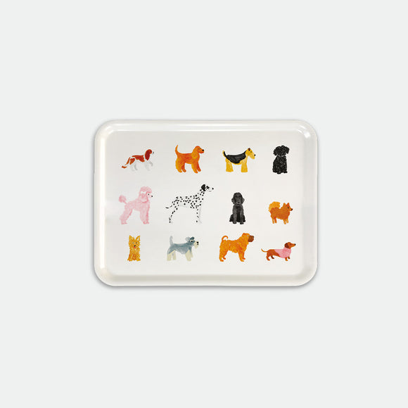 Rectangular breakfast tray with colorful dog illustrations including Dalmatian, Poodle, Dachshund and more, Dogue by All the Ways to Say