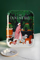 The Dog Sitter tray by All the Ways to Say featuring a stylish woman walking dogs through a lush green café scene, printed on eco-friendly birch wood with vibrant colors.