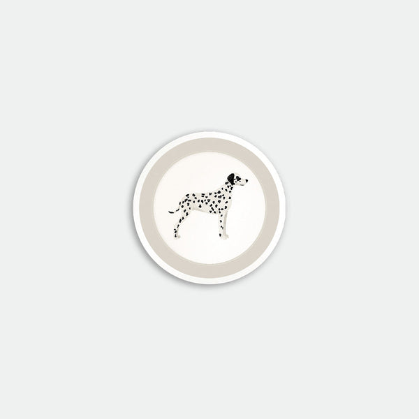 Round coaster with illustration of a black and white spotted Dalmatian dog on a cream background, Dalmatian by All the Ways to Say