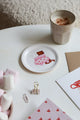 Round tray coaster with two cats in a pink heart sweater design by All the Ways to Say