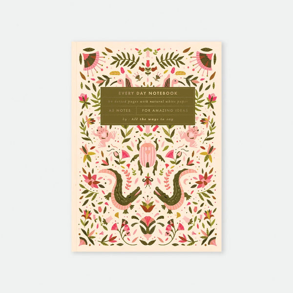 A5 notebook cover by All The Ways To Say featuring a symmetrical botanical pattern with pink crocodiles and gold foil details.