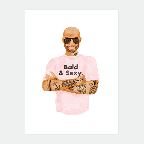 A stylish watercolor illustration of a bald man with a beard and tattoos wearing a pink 'Bald & Sexy' t-shirt.