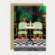 A sophisticated greeting card by All The Ways To Say featuring a Parisian bistro scene with two green checkered chairs, a bottle of rose wine, and the text "LIFE IS BETTER when we debrief it together."