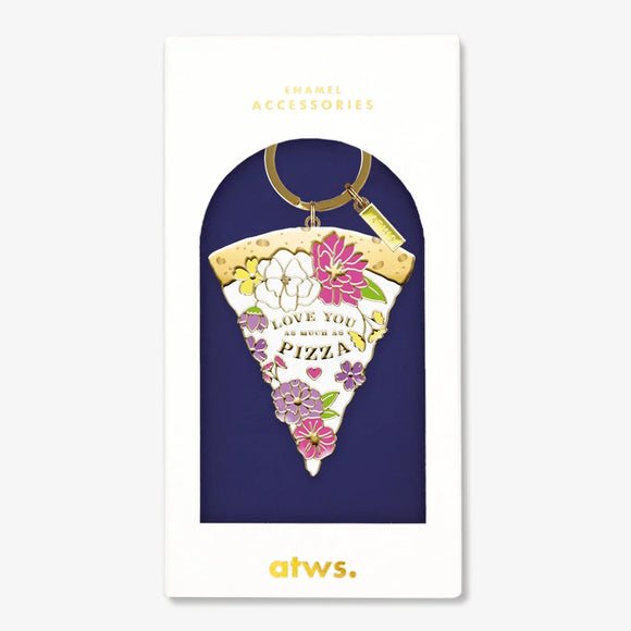 A stylish gold enamel keychain by All The Ways To Say in the shape of a pizza slice decorated with pink flowers and the text "LOVE YOU AS MUCH AS PIZZA".
