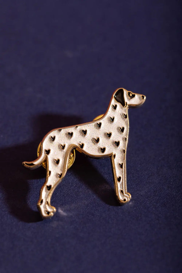 Dalmatian - Pins: Profile view of the standing dalmatian dog pin against a navy blue background.