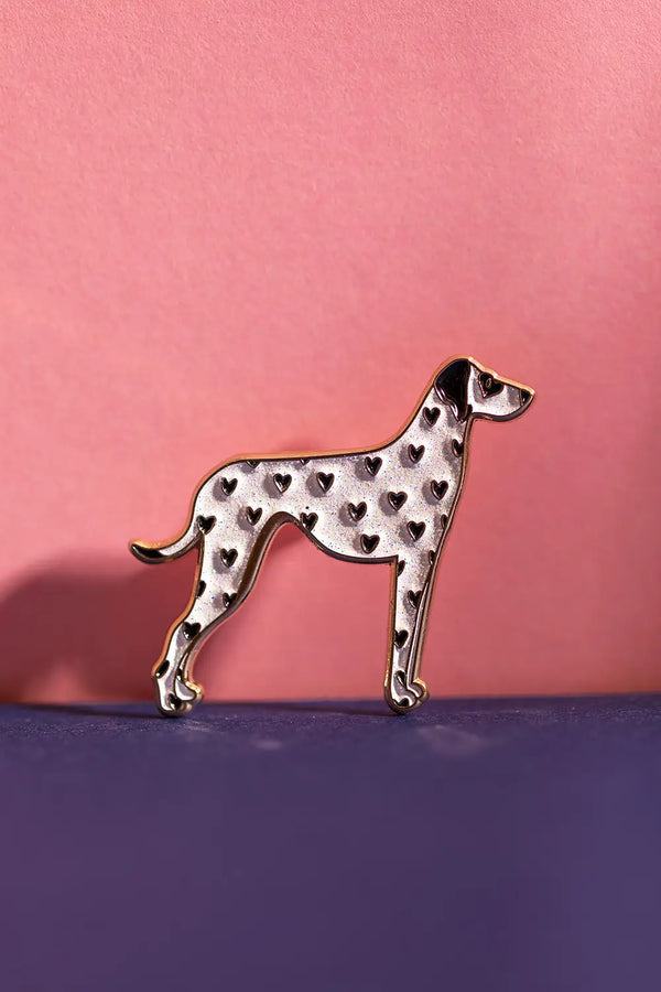 Dalmatian - Pins: Stylish dalmatian fashion accessories displayed on pink and blue backgrounds.