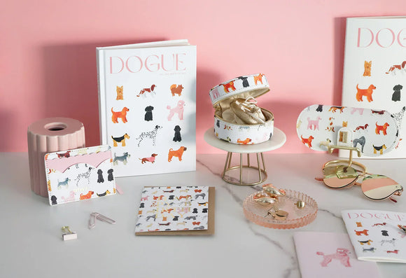 Dogue collection lifestyle shot with illustrated dog print notebook, card holder and jewelry box