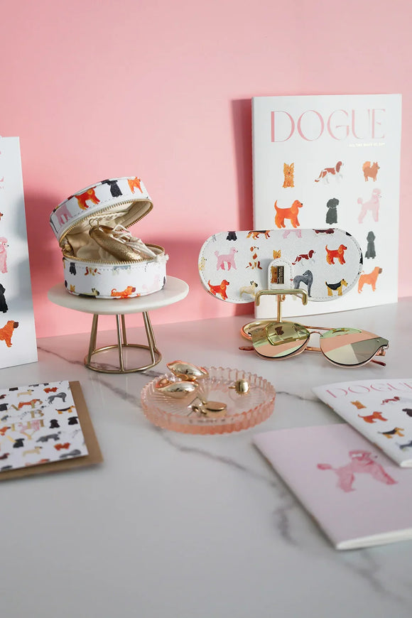 Dogue eyewear case and round jewelry box with playful illustrated dogs