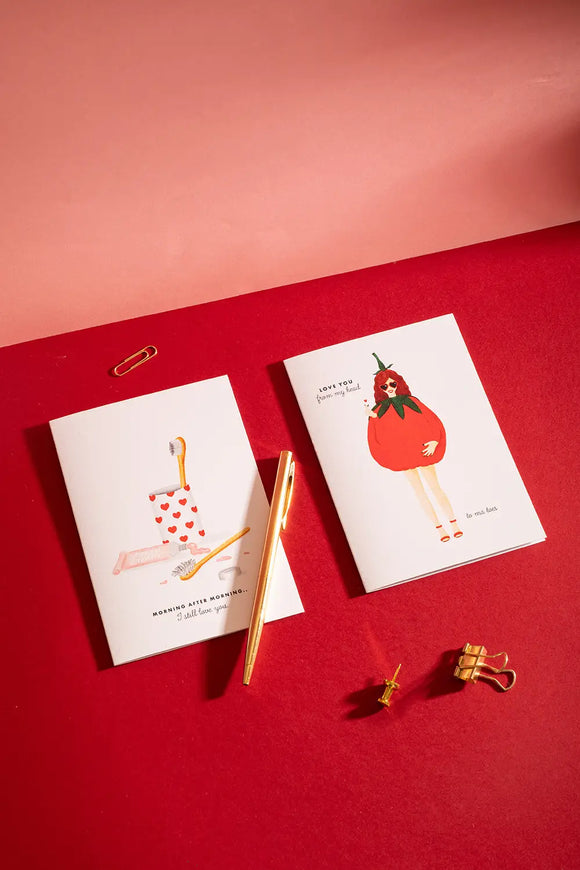 Love you tomatoes Greeting card - Lifestyle view with a tomato-themed illustration on a red background.