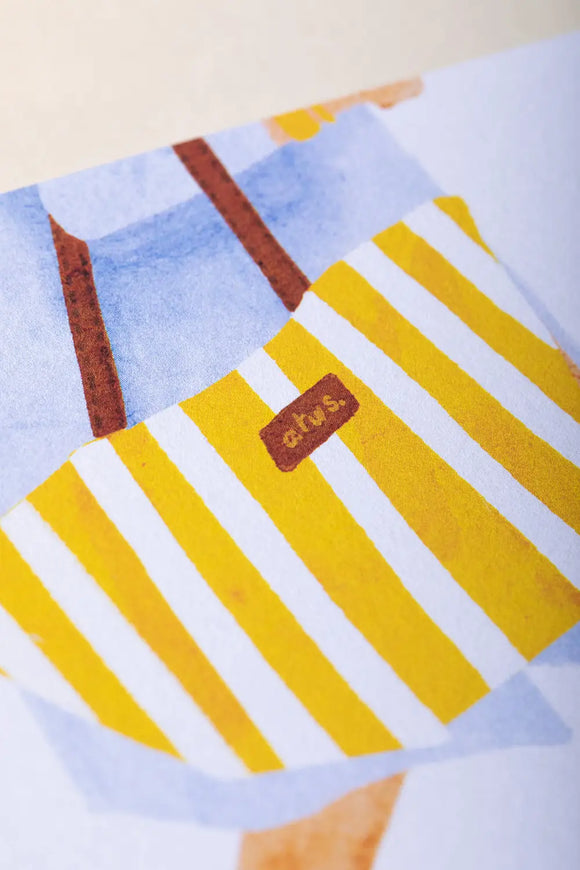 Summer dachshund Greeting card - Detail of the yellow and white striped beach bag illustration.