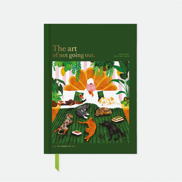 A5 Hardcover notebook with a dark green cover featuring a hand-painted illustration of a woman in bed with dogs, cats, and plants by All the Ways to Say.