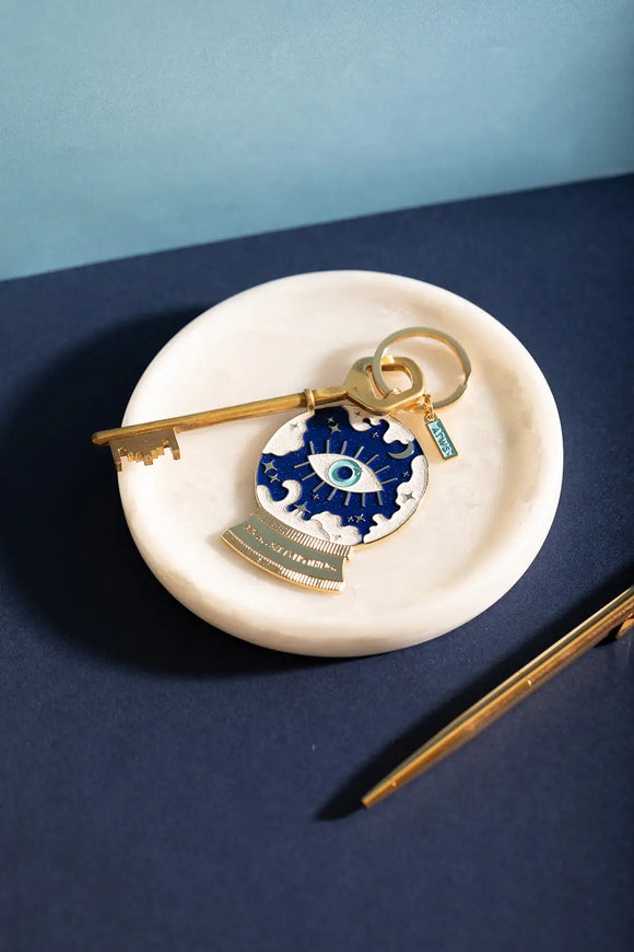 I see everything Keychain - Magical crystal ball illustration on a marble tray with a vintage key.