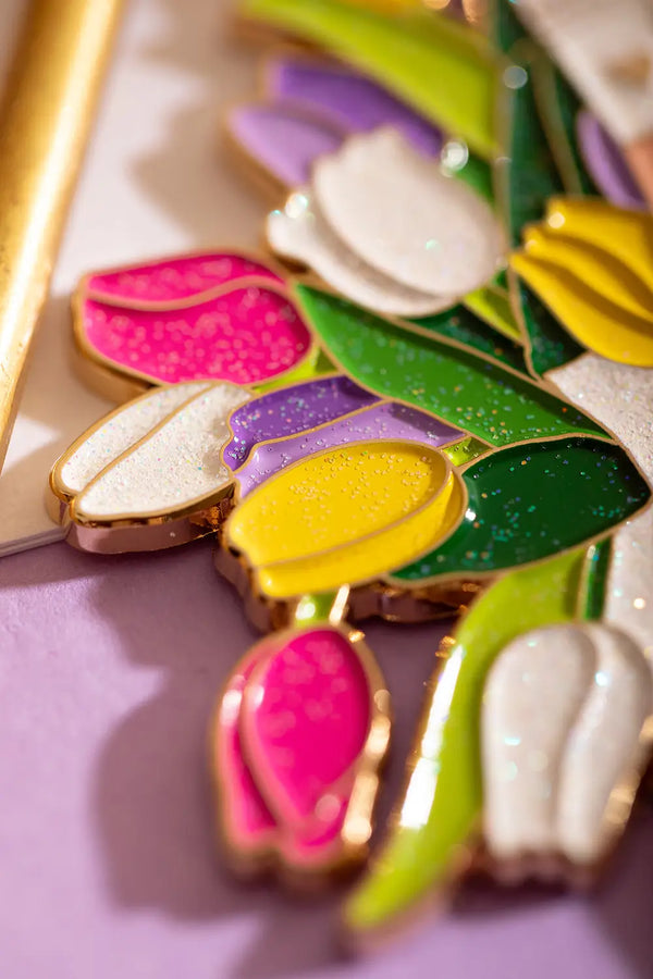 Rosay day Keychain - Macro shot of the colorful tulip bouquet design with glittery white and pink petals.
