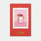 Enamel pin of three stacked teacups in red polka dot, cream stripe, and pink heart patterns