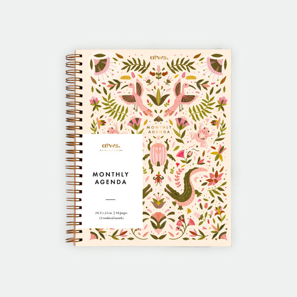 Pink Croco Monthly Planner Spirals by All the Ways to Say with faux crocodile texture, gold foil cover and 100 pages for elegant monthly planning.