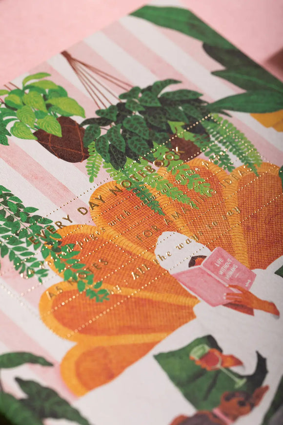 Notebook A5 Life With Pets & Plants - Detailed view of the gold foil title and floral illustrations on the cover.