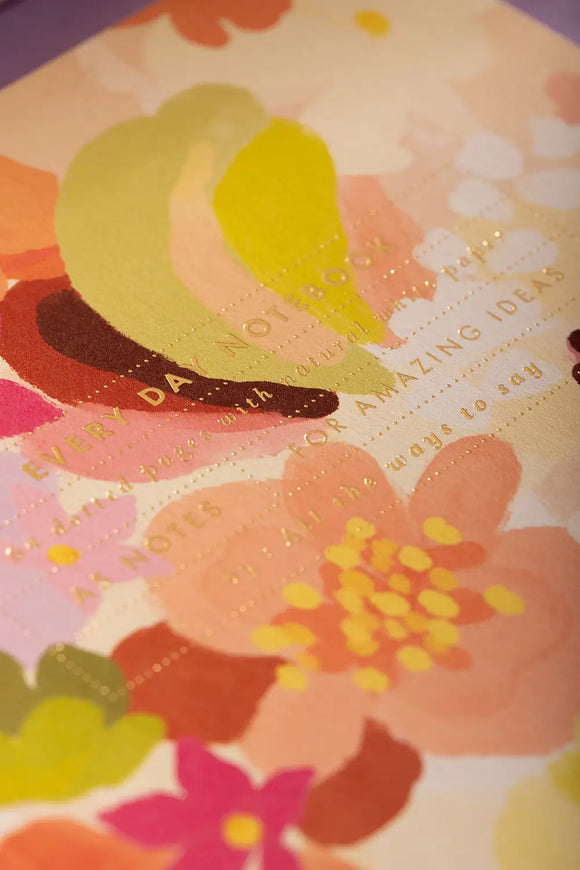 Spring Sweets Notebook A5 - Close-up of gold foil title and hand-painted abstract floral patterns.