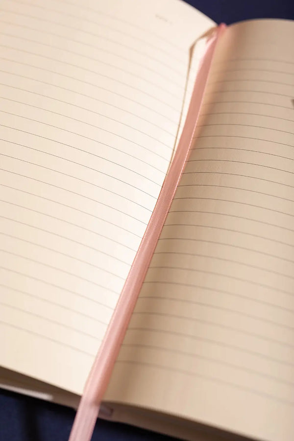 Dogue Hardcover Notebook A5 - Detailed view of the pink satin ribbon and high-quality binding.