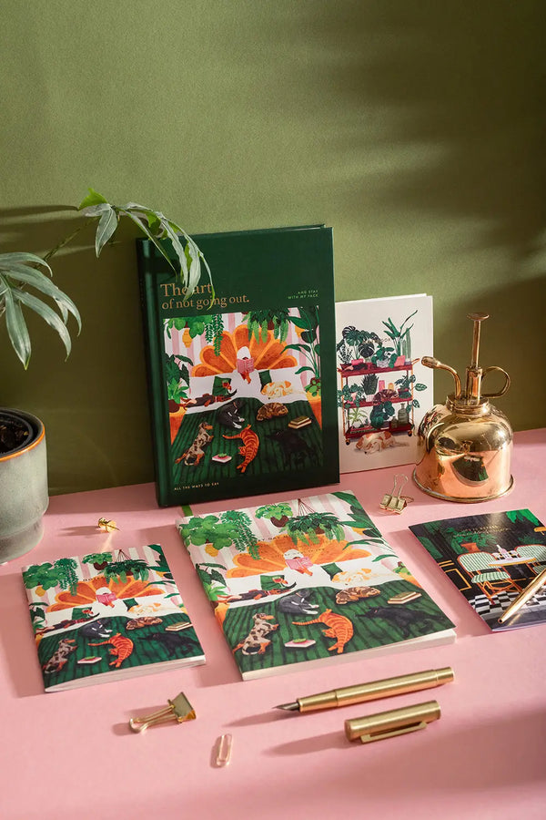 LIFE WITH PETS & PLANTS - Collection: a complete set of notebooks and a green journal styled with a gold water mister.
