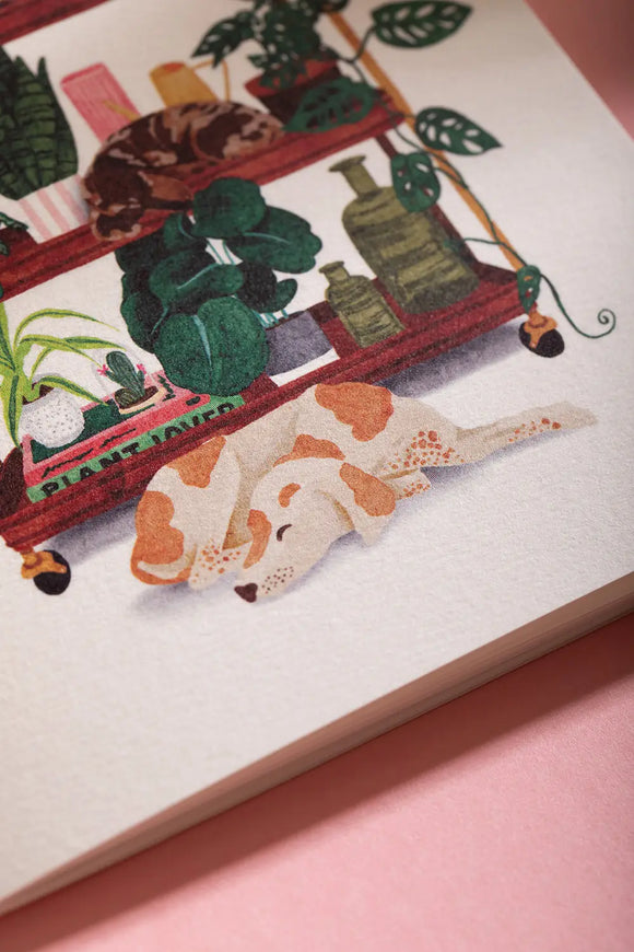Life with Pets & Plants Pocket Notebook A6 DUO - Close-up of the sleeping dog and plant shelf.