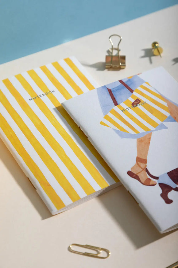 Summer Dachshund Pocket Notebook A6 DUO - Angled view showing both notebooks on a neutral background.