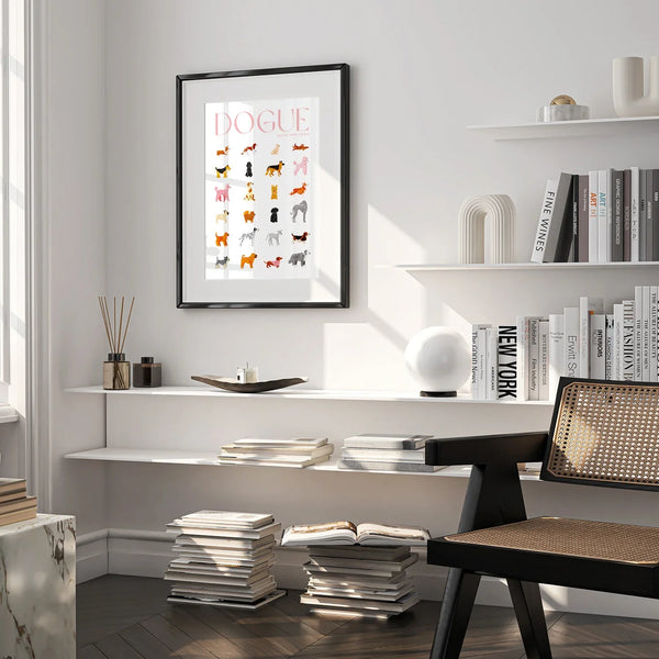 Framed DOGUE poster featuring illustrated dogs by All the Ways to Say in a modern living room interior