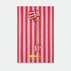 Enamel pin of a red and pink striped teapot connected by a gold chain to a matching striped teacup