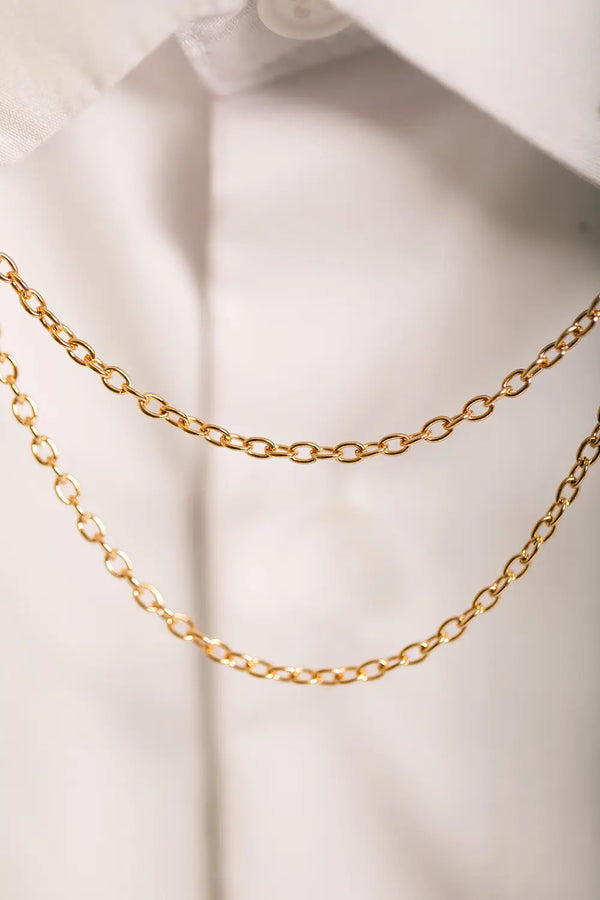 Duo Tiger Chain - Pins: macro shot of the double-layered gold link chain connecting the tiger pins.