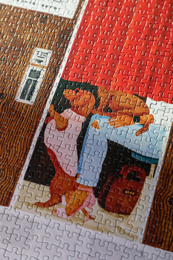 Fotomatic - Puzzle 1000 pieces: close-up of the charming characters inside the photobooth.